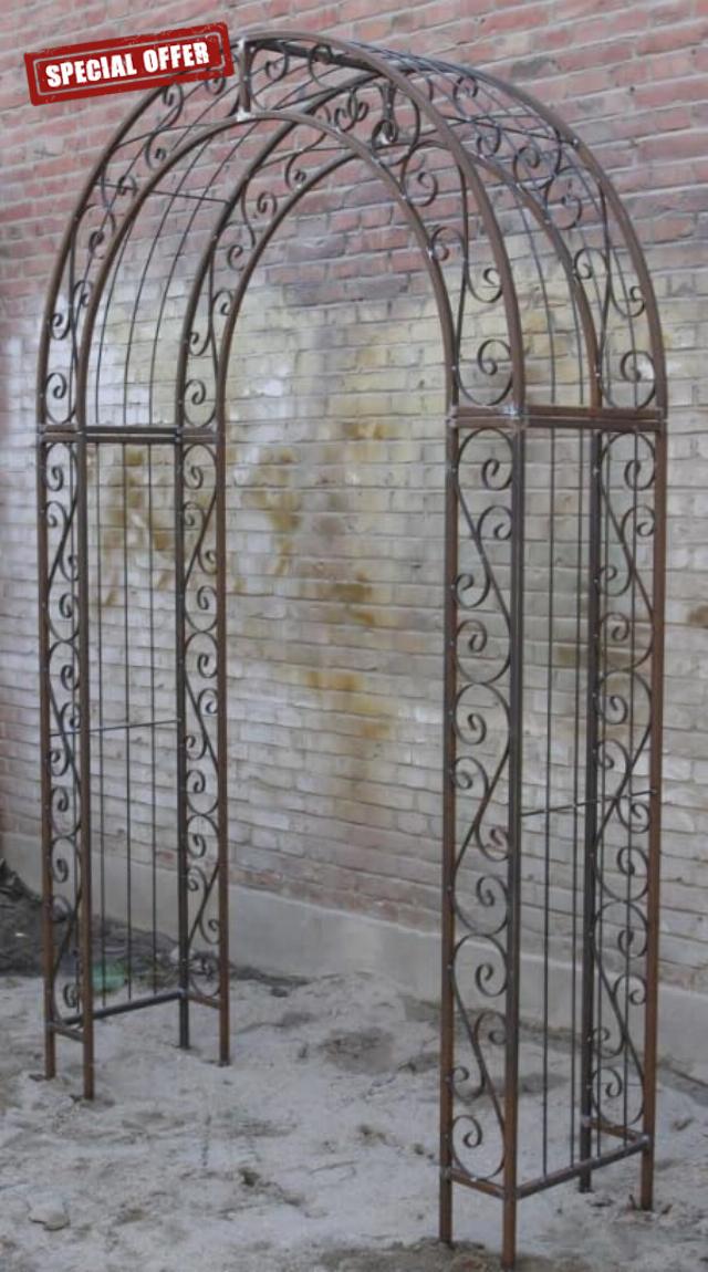 GH ® Rustic Metal Arch Top Premium Arch Scroll Design Enclosed Sides Heavy Duty 160cm Wide x 254cm High Garden Support Structure Arbour Landscape Pergola Wedding Archway Transform Your Garden Space