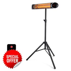 2000W Carbon Fibre Infrared Heater | Includes Adjustable Tripod Stand | 24-Hour Timer + 9 Power Settings | IPX4 Waterproof Rating | Suitable for 20m² Indoor/Outdoor Use | Remote Control + Touchscree