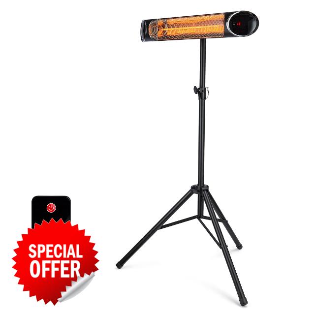 2000W Carbon Fibre Infrared Heater | Includes Adjustable Tripod Stand | 24-Hour Timer + 9 Power Settings | IPX4 Waterproof Rating | Suitable for 20m² Indoor/Outdoor Use | Remote Control + Touchscree