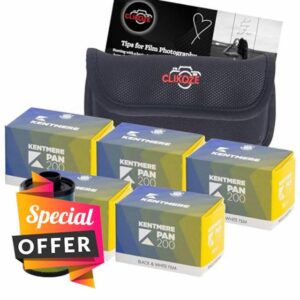 Kentmere Pan 200 Black & White 35mm Film 5 Pack (5 x 36 Exposures) ISO 200 Panchromatic Monochrome Negative Film with Clikoze Protective Film Case