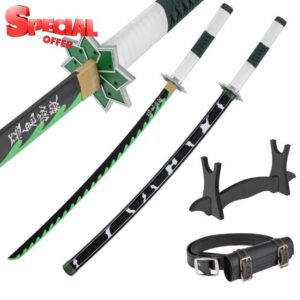 Wooden Katana Sword 30 inch / 77 cm with Belt Holder and Stand - Deamon Slayer Short Samurai Sword for Anime Cosplay - Bamboo Wakizashi Replica Swords - Decorative Collectables (No Sharp Edges)