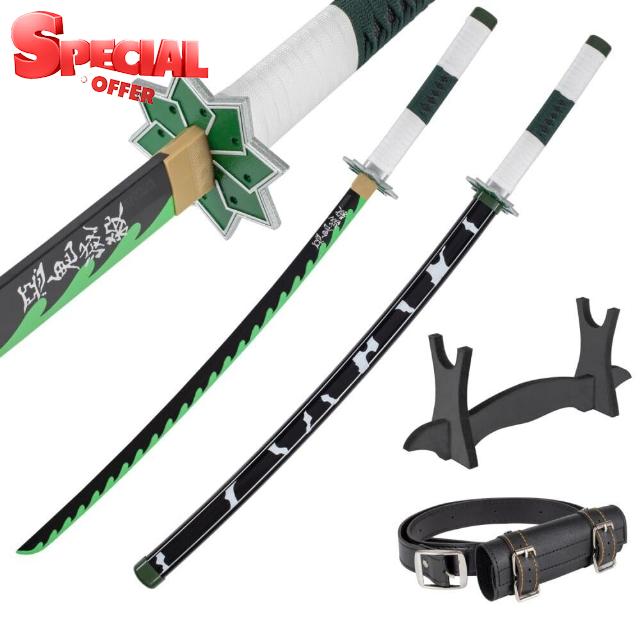 Wooden Katana Sword 30 inch / 77 cm with Belt Holder and Stand - Deamon Slayer Short Samurai Sword for Anime Cosplay - Bamboo Wakizashi Replica Swords - Decorative Collectables (No Sharp Edges)