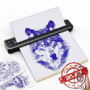 Rongta Portable Wireless Tattoo Stencil Printer A4 Bluetooth Thermal Tattoo Machine for Artist Beginner with 5 pcs Tattoo Tranfer Paper Compatible with Android iOS Phone MacOS Windows Laptop (Black)