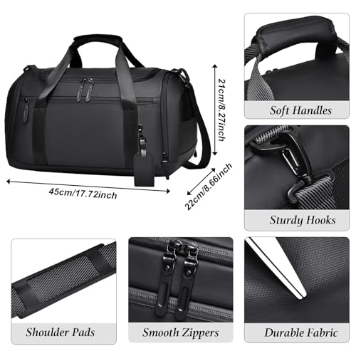 Women Men Weekend Bags Holdall with Shoes Compartment and Shoulder Strap Large Wet and Dry Separation Waterproof Durable for Travel Overnight Hospital Swimming (Black)