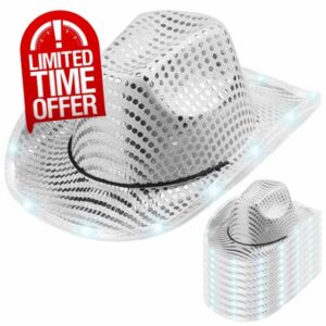 Disco Cowboy Hat|Light up Cowboy Hat 10Pcs LED Silver Disco Sequin Cowgirl Role Play for Wedding Party