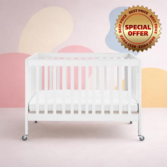 3-in-1 Folding Baby Crib on Wheels – Solid Wood Space-Saving Baby Cot with Lockable Castors