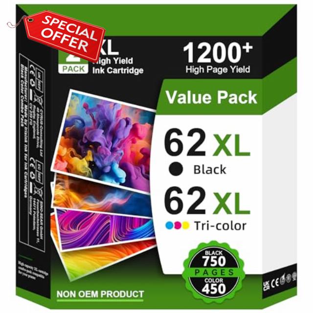 62XL Ink Cartridges Black and Colour Replacement for HP 62 Ink Cartridges Twin Pack