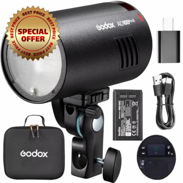 Godox AD100Pro II Pocket Camera Flash 100Ws Speedlight TTL 1/8000s HSS 0.01-1.5s Recycling 490 Full Power Flashes for Sony Canon Nikon Fujifilm Olympus Pentax Leica Cameras (AD100Pro II)