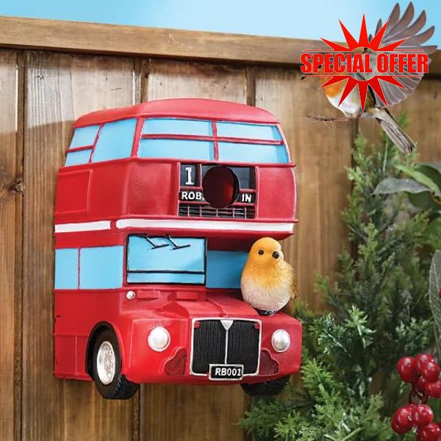 New Stunning Red London Bus Garden Bird House – Weatherproof Polyresin Nest Box with Small Bird Entrance Hole