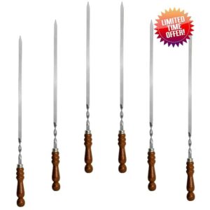 Set of 6 BBQ Stainless Steel Skewers with Wooden Handle 70 cm Long 1.2 cm Wide 3 mm Thick Barbecue Skewers Extra Strong Stainless Steel Shampura for Meat