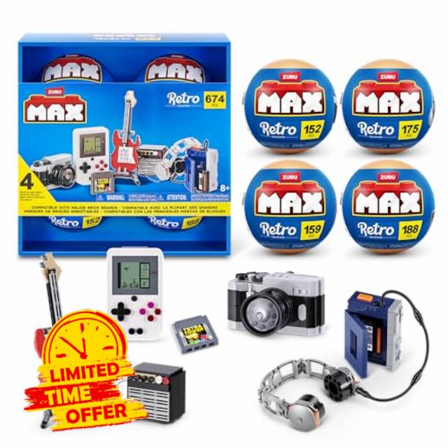 MAX Build More Premium Retro Series 2 4 Pack by ZURU – Novelty Unboxing Toy & Building Brick Collectible Minis with up to 674 Pieces
