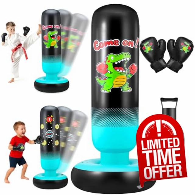 Punching Bag for Kids 165cm Inflatable Dinosaur Kids Punching Bag with Boxing Gloves Boxing Bag Set with Pump Dinosaur & Hitting Target Pattern 2 in 1 Birthday Gifts for Boys & Girls Age 3-12