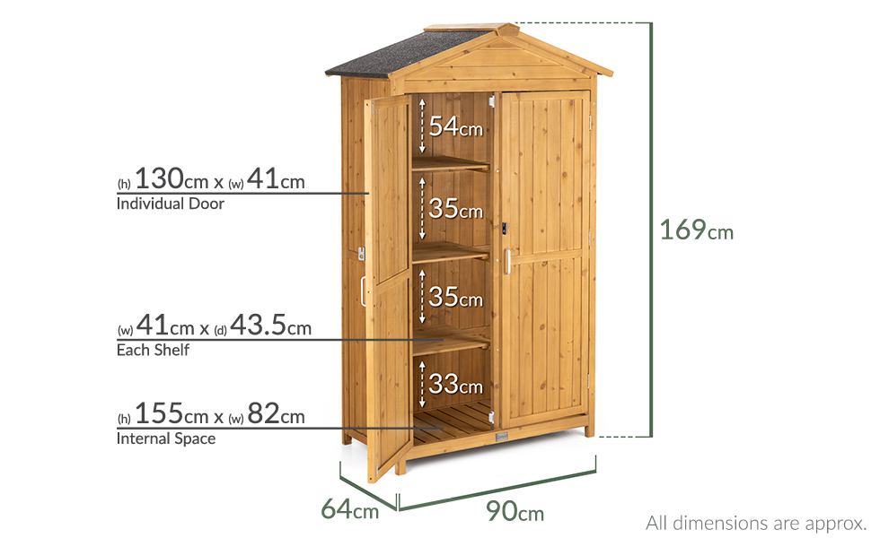 Technical drawing of wooden cabinet furniture with detailed dimensions showing height, width, and depth measurements. Multiple views include front, side, and internal specifications.