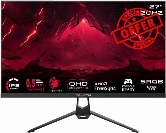 GAMEON 27 Inch 2K QHD Gaming Monitor 2560x1440 Resolution Fast IPS Panel 120Hz Refresh Rate 0.5ms Response Time Adaptive Sync HDMI 2.1 PC and Console Monito