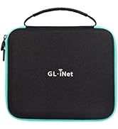 Text reads: 'GL-iNet'. Black rectangular carrying case with turquoise trim and handle, designed for electronic equipment storage.