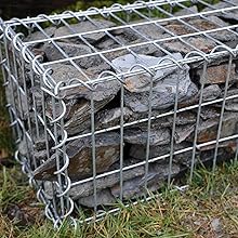 Series of images showing gabion retaining walls along waterfront. Stone-filled wire mesh structures extend along shoreline with water visible.