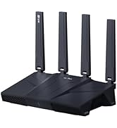 Black wireless router device with dual vertical antennas and three ethernet ports visible on rear panel.