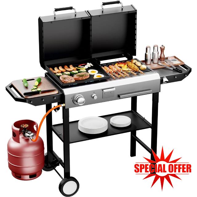 2-in-1 Propane Gas Grill & Charcoal Grill Combo with Lid