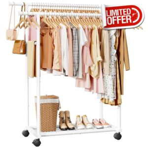 Clothes Rail - Double Rod Clothes Rack with Fixed Extension Rod & Universal Wheels