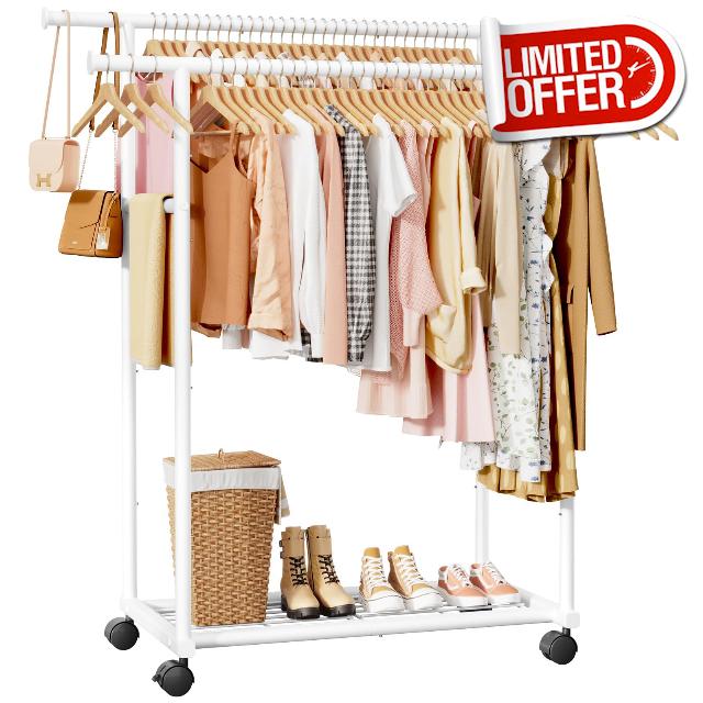 Clothes Rail - Double Rod Clothes Rack with Fixed Extension Rod & Universal Wheels