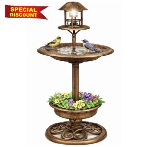 DIVCHI Bird Bath Feeding Station with Solar LED Lights Free Standing Large Feeder Table Planter for Wild Birds Weather Proof Ornament 3-in-1 Garden Outdoor Decor (Bronze)