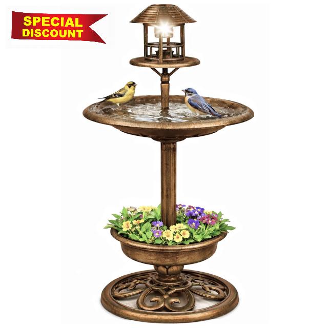 DIVCHI Bird Bath Feeding Station with Solar LED Lights Free Standing Large Feeder Table Planter for Wild Birds Weather Proof Ornament 3-in-1 Garden Outdoor Decor (Bronze)