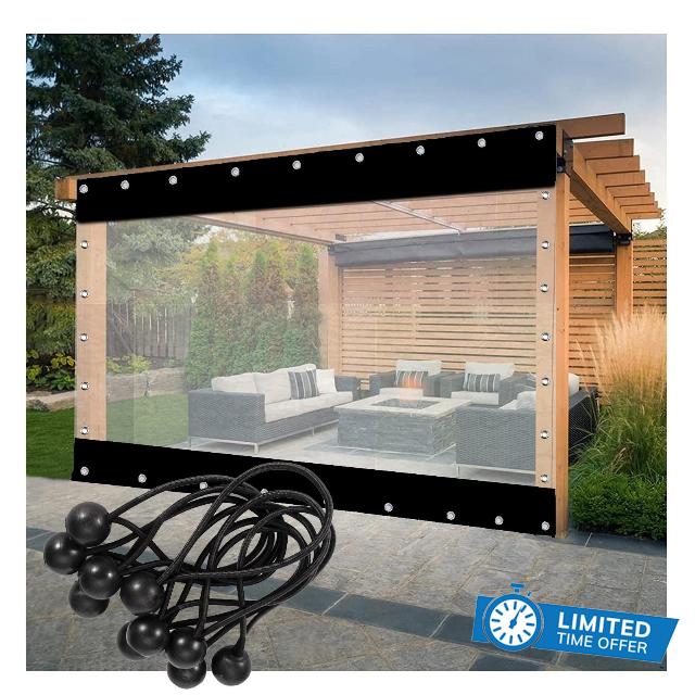 Heavy Duty Waterproof Outdoor Curtain Transparent PVC Tarpaulin with Eyelets for Pergola & Terrace Black Size 2.8x2.2m/9.2x7.2ftSide Panel Cove