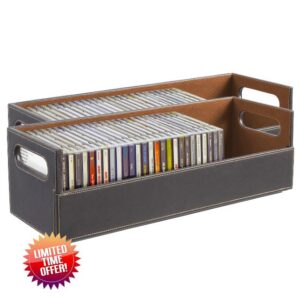 Stock Your Home 2 Pcs Brown PU Leather CD Storage Box Organizer Rack for Movie Case DVD Cassette Stand Disc Holder Holds up to 40 CDs