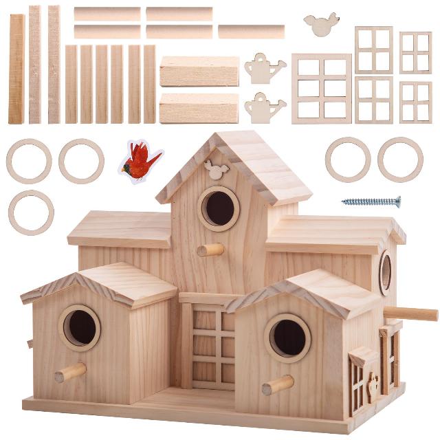 Wooden Birdhouse with Multiple Entry Holes