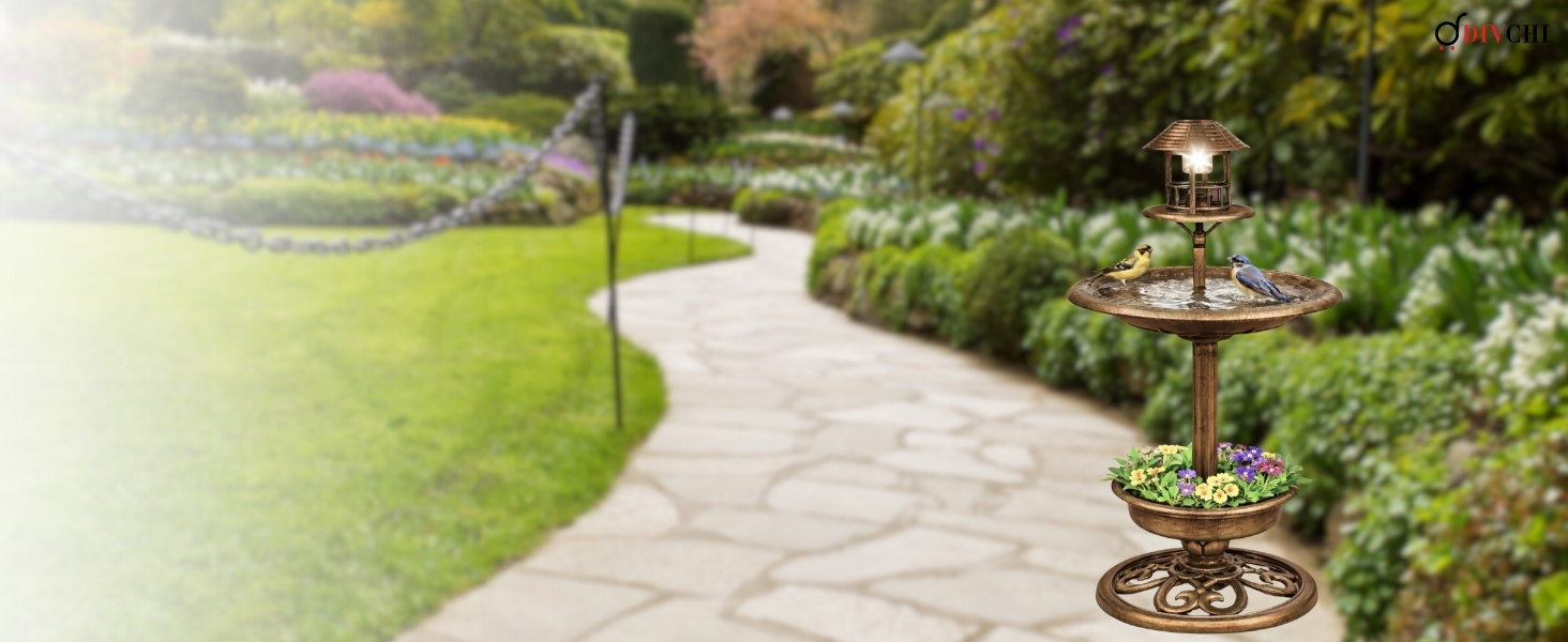 Outdoor garden setting with decorative elements and natural lighting, showing partial views of landscaping and outdoor furniture.