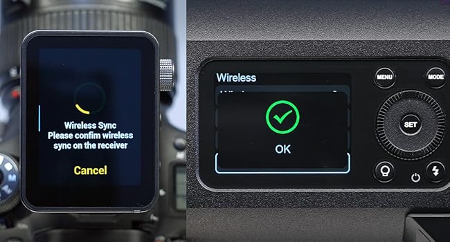 Two digital display screens showing wireless connection interface. Left screen shows connection status, right screen displays 'OK' with green checkmark icon.