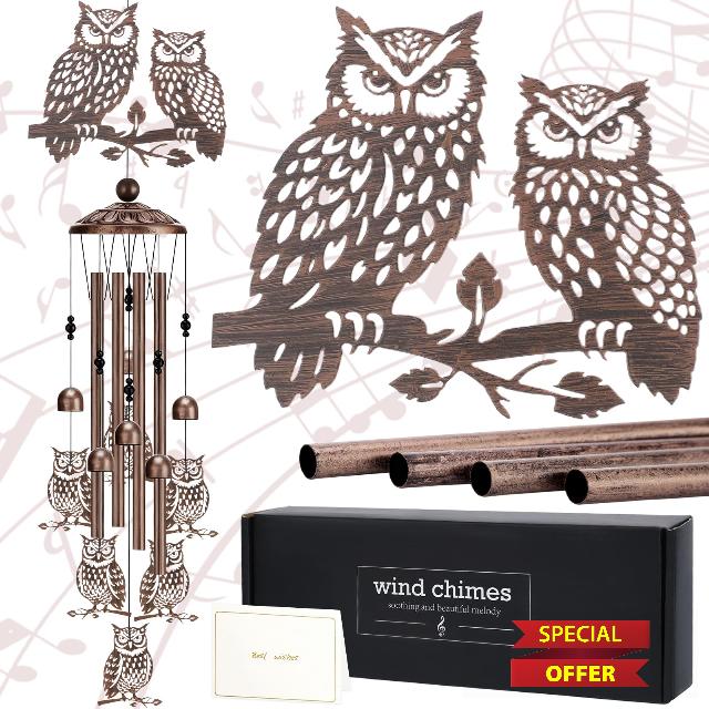 Wind Chimes for Outside - Owl Gifts for Women Mom Grandma Metal Windchimes with Greeting Card Indoor Outdoor Art Decor Garden Patio Lawn Hanging Decoration Christmas New Year Birthday Gif