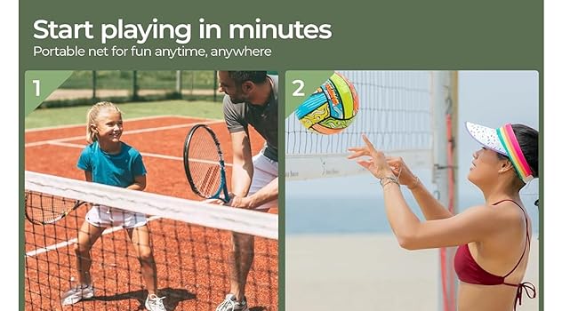 Text reads 'Enjoy with the whole family' and 'Perfect for: Young children'. Series of outdoor beach volleyball scenes showing people playing on sand.