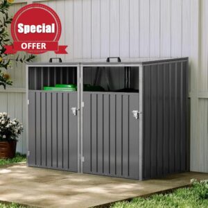 Warmiehomy Wheelie Bin Storage 2 Bin Storage for Wheelie Bins Galvanized Steel Outdoor Garbage Can Store with Locking Door Double Wheeled Bins Hideaways with Lifting Lids