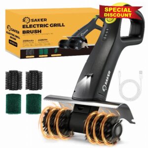 Saker Electric Grill Brush with 450 RPM & LED Light | Tangle-Free Grill Cleaning Brush with Durable Roller | Complete 8-Piece Brush & Scouring Pad Kit | Ideal Grilling Gift for Dad