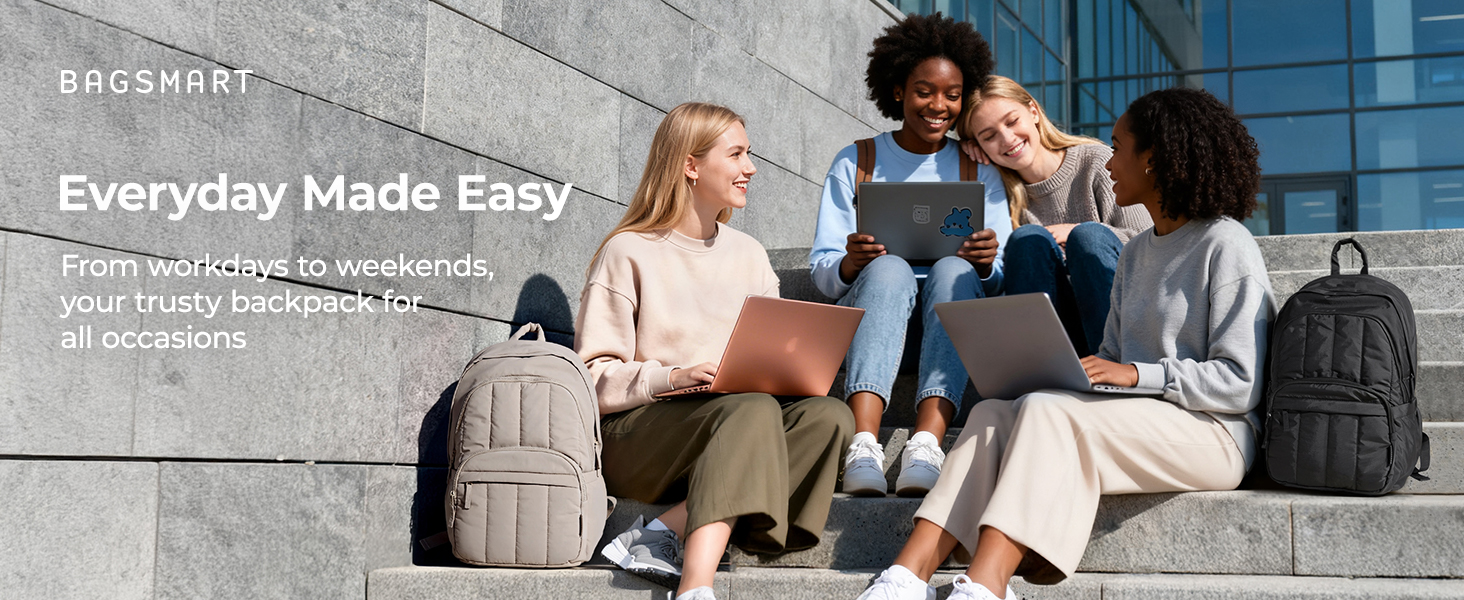 Text reads 'Everyday Made Easy'. Group interaction scenes in urban setting with concrete background, featuring casual lifestyle moments.