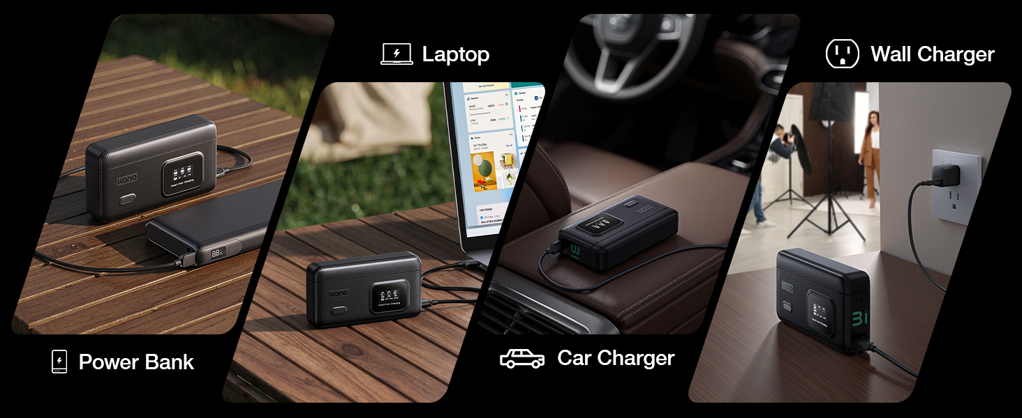 Multiple product views showing electronic device with 'Levtio' and 'Wall Charger' text visible. Dark wood surface displays charging accessories and packaging components.
