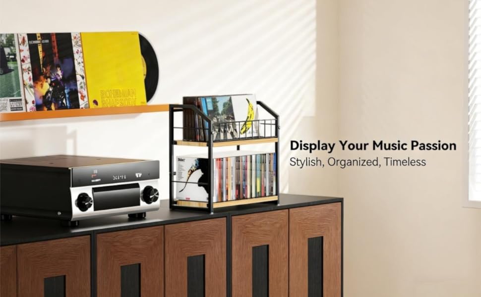 Text reads: 'Display Your Music Passion'. Interior room setting showing a retro-style boombox on wooden shelving unit with books against yellow accent wall.