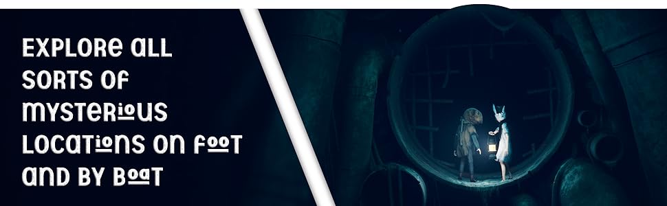 Text reads 'BREATHTAKING', 'MONSTERS AND', 'ATMOSPHERIC HORROR'. Dark, moody gaming or film promotional images with dramatic lighting effects.