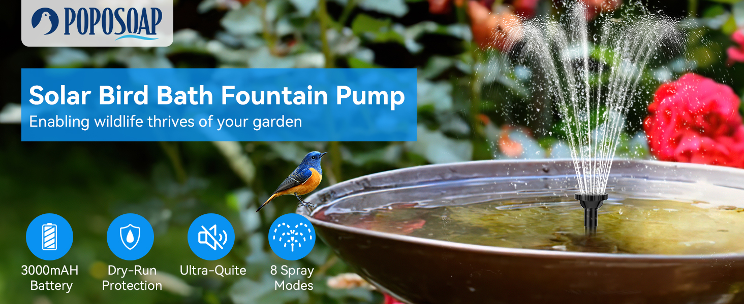 Text reads 'Solar Bird Bath Fountain Pump' with 'Sending wildlife thrills to your garden'. Product shown in operation with water spraying in a garden bird bath setting with multiple spray patterns.