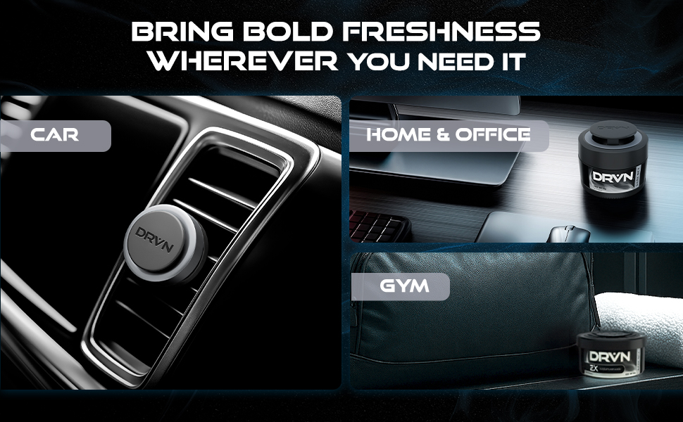 Text reads 'DARK SKY', 'DRVN', 'Citrus + Sandalwood', 'Different scent formats to make your ride unmistakably yours'. Product line showing car air freshener containers in various formats against dark background.