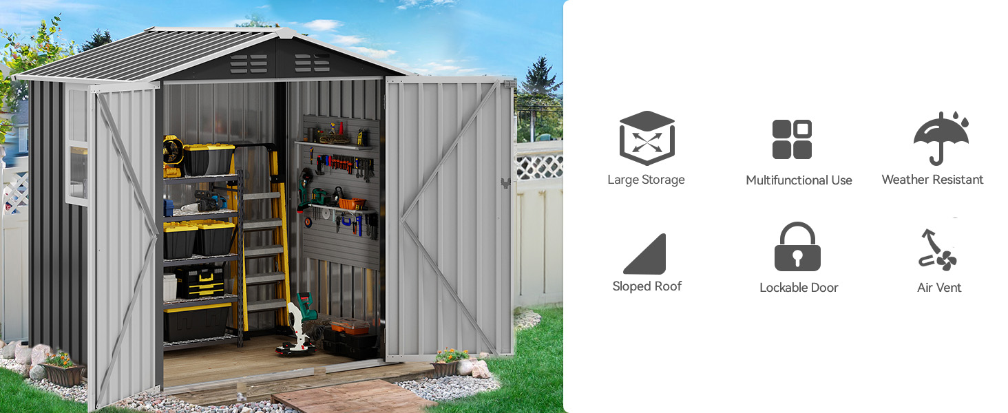 Multiple views of a metal storage shed installation process, including finished exterior view and interior organization with shelving units. Icons showing product features below.
