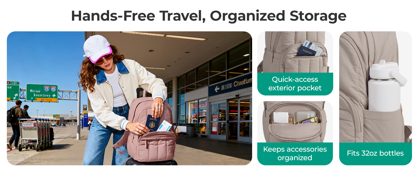 Text reads 'Hands-Free Travel, Organized Storage'. Series of lifestyle images showing product usage in various travel scenarios with organized compartments.