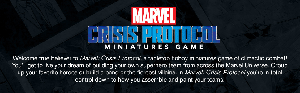 Text reads 'MARVEL CRISIS PROTOCOL MINIATURES GAME'. Promotional banner showing the game title and branding in white text against a dark background.