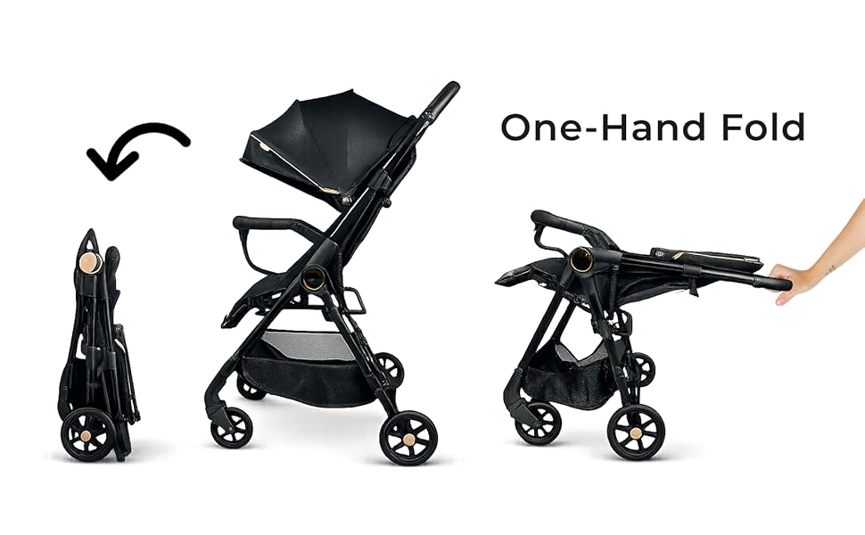 Text reads 'One-Hand Fold'. Sequence showing black stroller folding mechanism demonstrated in multiple stages from open to collapsed position.