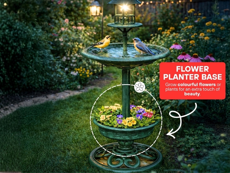 Text reads 'PLANTER BASE'. Garden scene showing circular planter or base device with directional arrow indicators for assembly or usage.