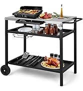 Multiple views of a large black outdoor grill station with side tables, wheels, and utensil storage. Shows various cooking configurations and food preparation setups.