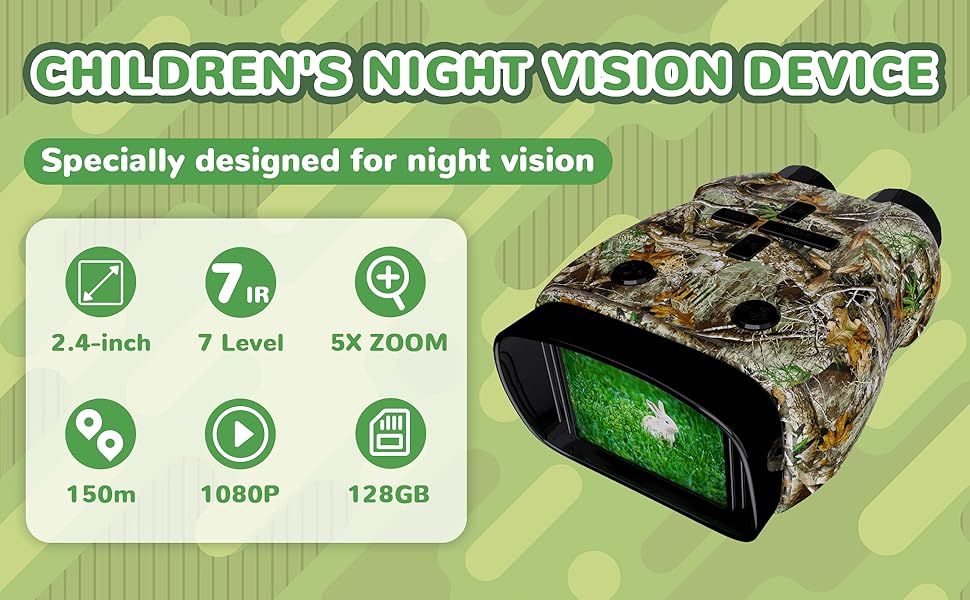Camouflage-patterned children's night vision device with 2.4-inch screen, 7 IR levels, 5X zoom, 150m range, 1080P resolution, and 128GB storage. Green display shows night vision capability.