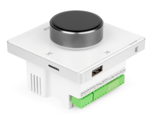 White circular ceiling-mounted speakers or audio devices shown from different angles, featuring mesh grille design and modern minimalist aesthetic.