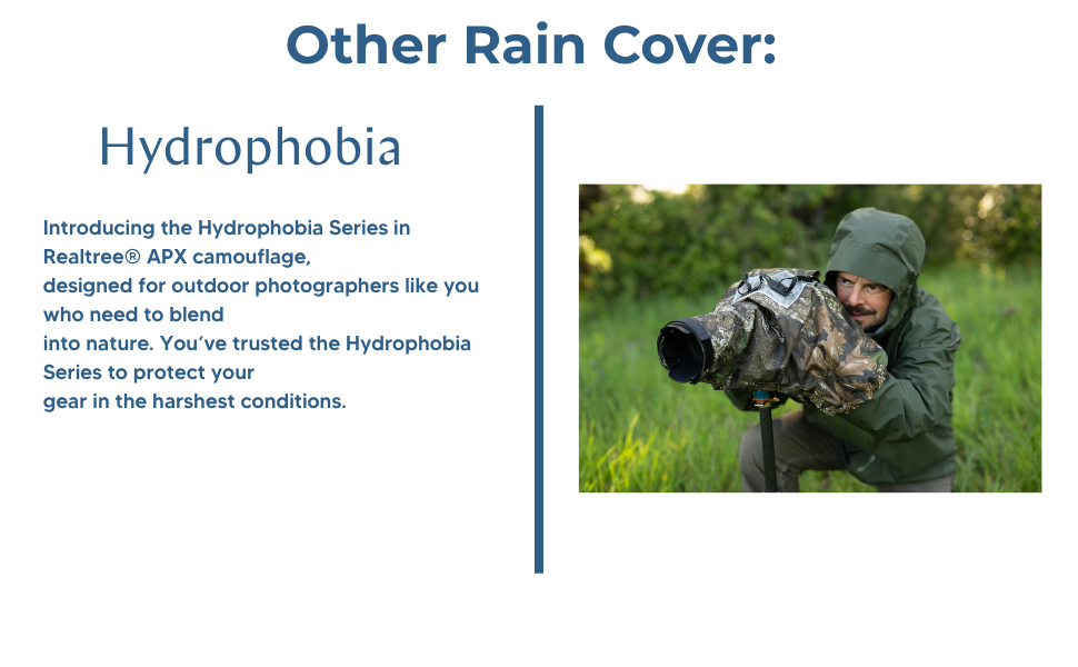 Text reads 'Other Rain Cover:' and 'Hydrophobia'. Image shows wet grass or vegetation with water droplets.